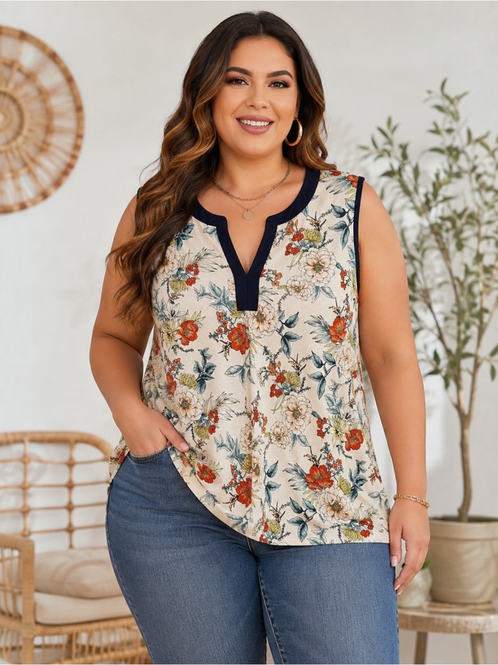 Lavish 1X Floral Sleeveless Split Neck Blouse Ivory Navy Stretch Plus Size